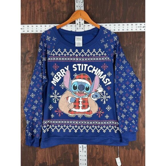 Disney Merry Stitchmas Sweatshirt Womens 2XL XXL Blue Christmas Blinking‎ Lights - Picture 1 of 7